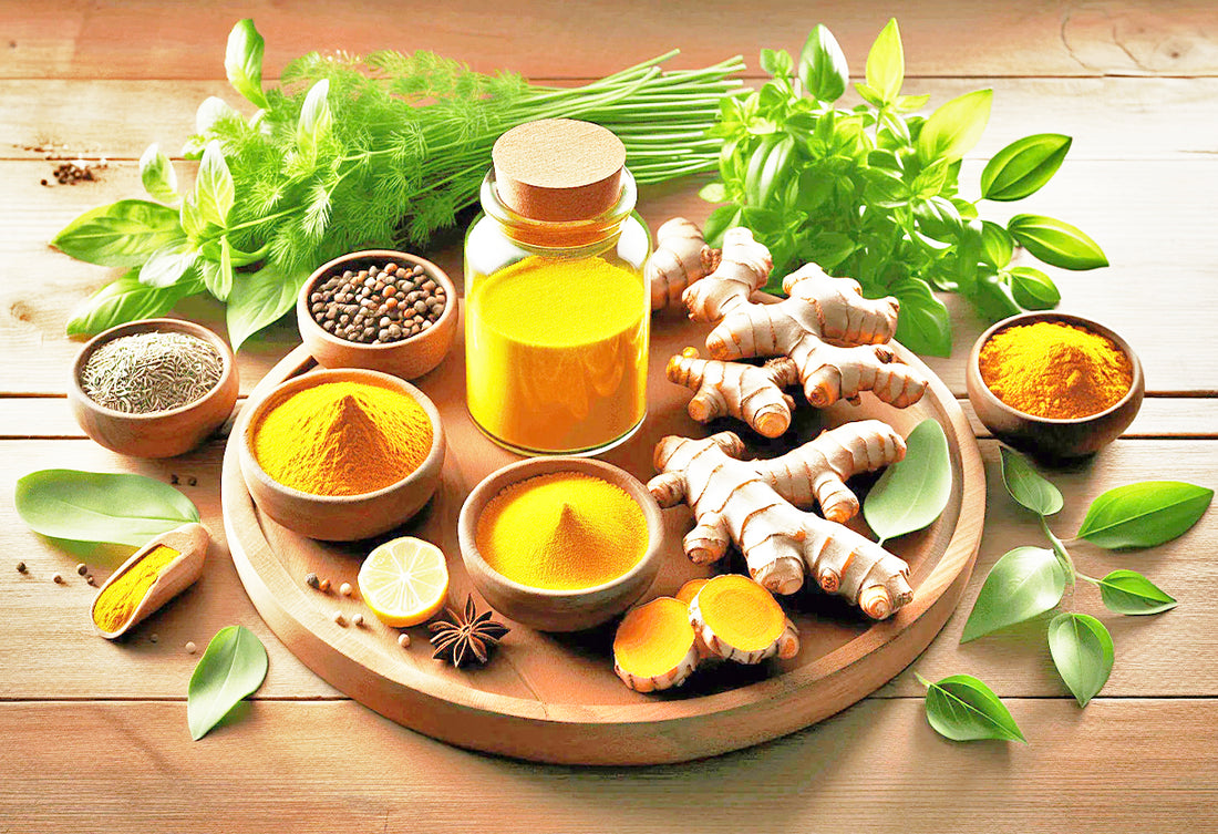 yellow turmeric root and its powder for heart health surrounded by fresh green herbs like basil and parsley and ginger