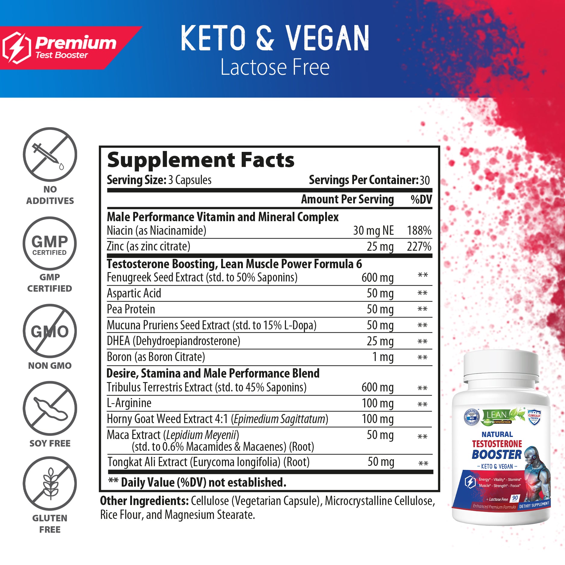 male performace vitamin and mineral complex testosterone t booster lean muscle builder lactose free diary free keto vegan halal vegetarian made in usa