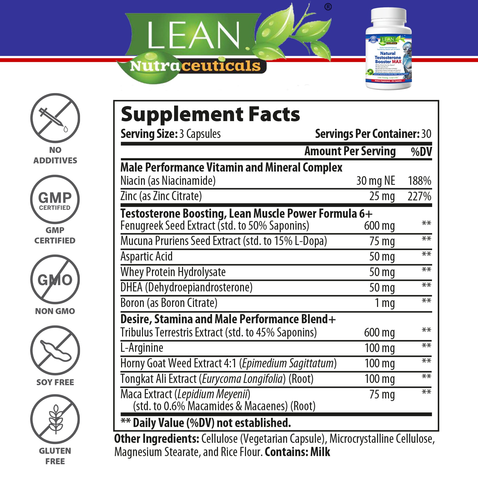 male performance vitamin and mineral complex with niacin zinc testosterone booster with horny goat weed tongkat ali maca root boron d aspartic acid dhea mucuna pruriens fenugreek seeds