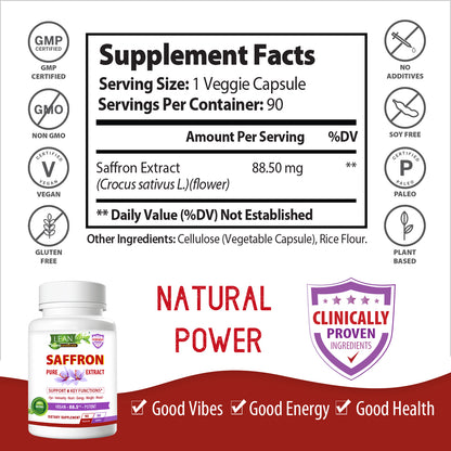 Saffron Extract 88.5 mg per Serving Dietary Supplement Capusles Gives Effective Natural Support  for Good Vibes Good Energy and Good Health