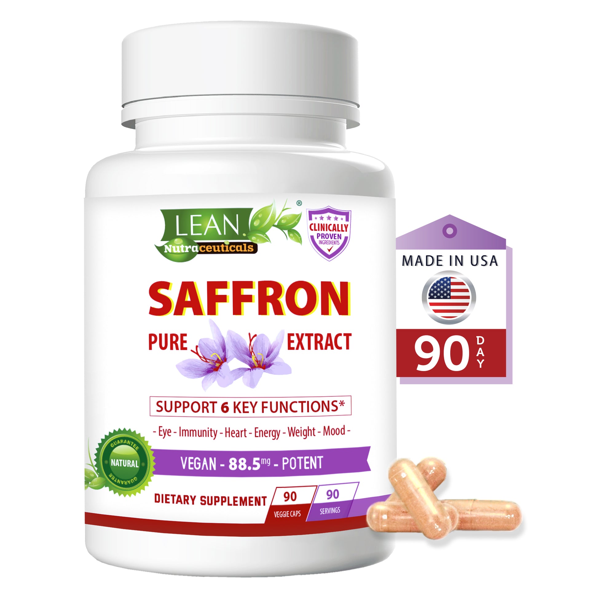 Saffron Supplement Pure Extract Supports Eye Immune System Heart Energy Weight Loss and Mood Vegan Pills with Clinically Proven Benefits