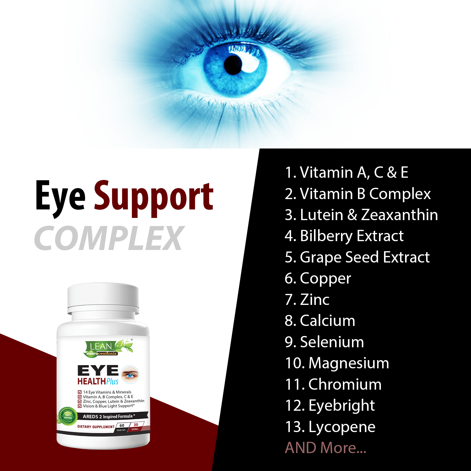benefits of vitamin A C E B lutein zeaxanthin bilberry extract grape seed extract copper zinc calcium selenium magnesium chromium eyebright lycopene for eye health support