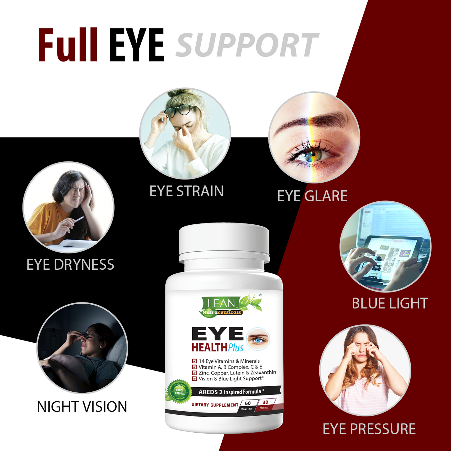 full eye support vitamins and supplement for eye dryness strain glare pressure blue light night vision made in USA