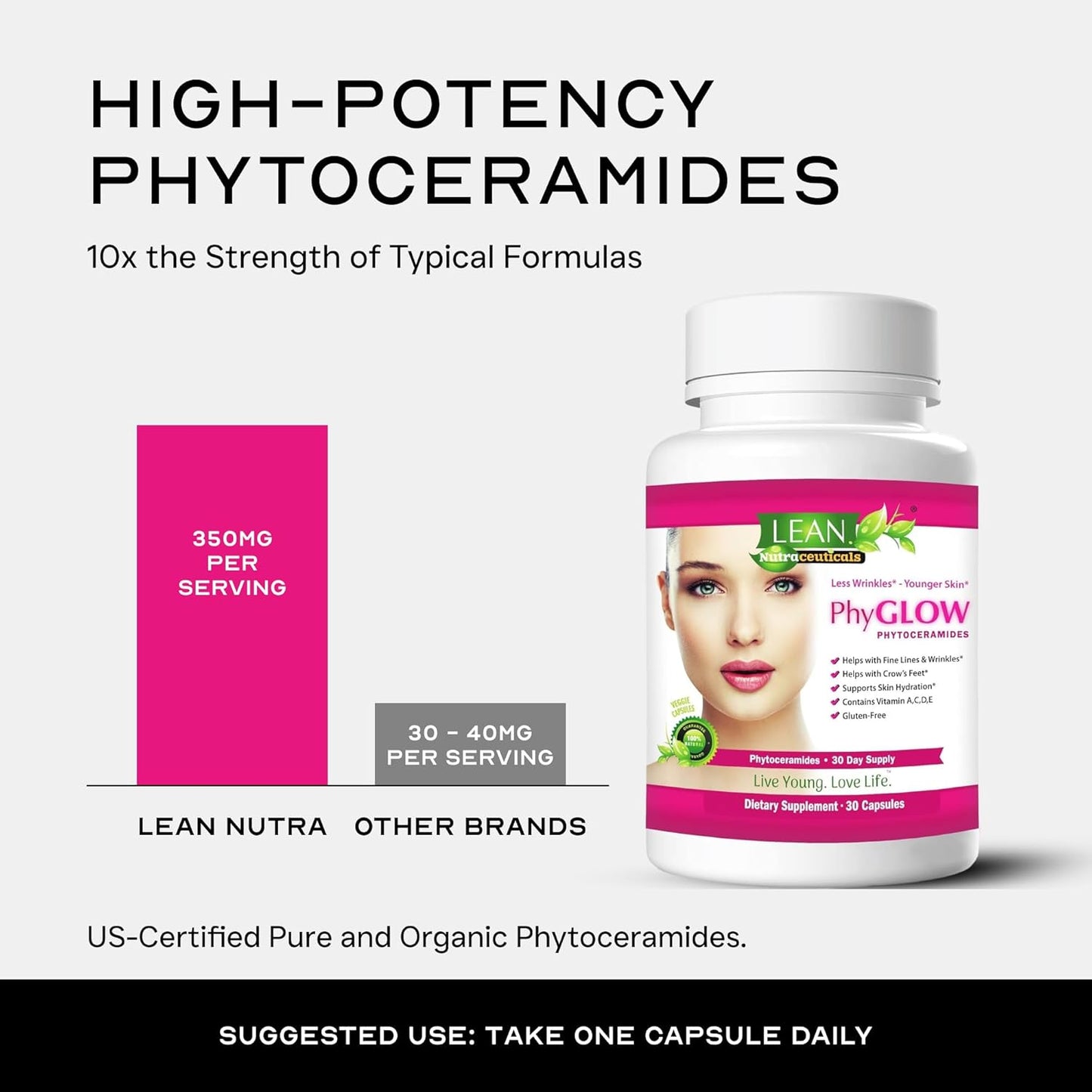 90 Capsules 350mg Phytoceramides Gluten-Free All Natural Plant Derived PhyGLOW Anti-Aging Skin Care