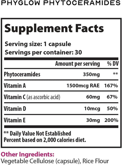90 Capsules 350mg Phytoceramides Gluten-Free All Natural Plant Derived PhyGLOW Anti-Aging Skin Care