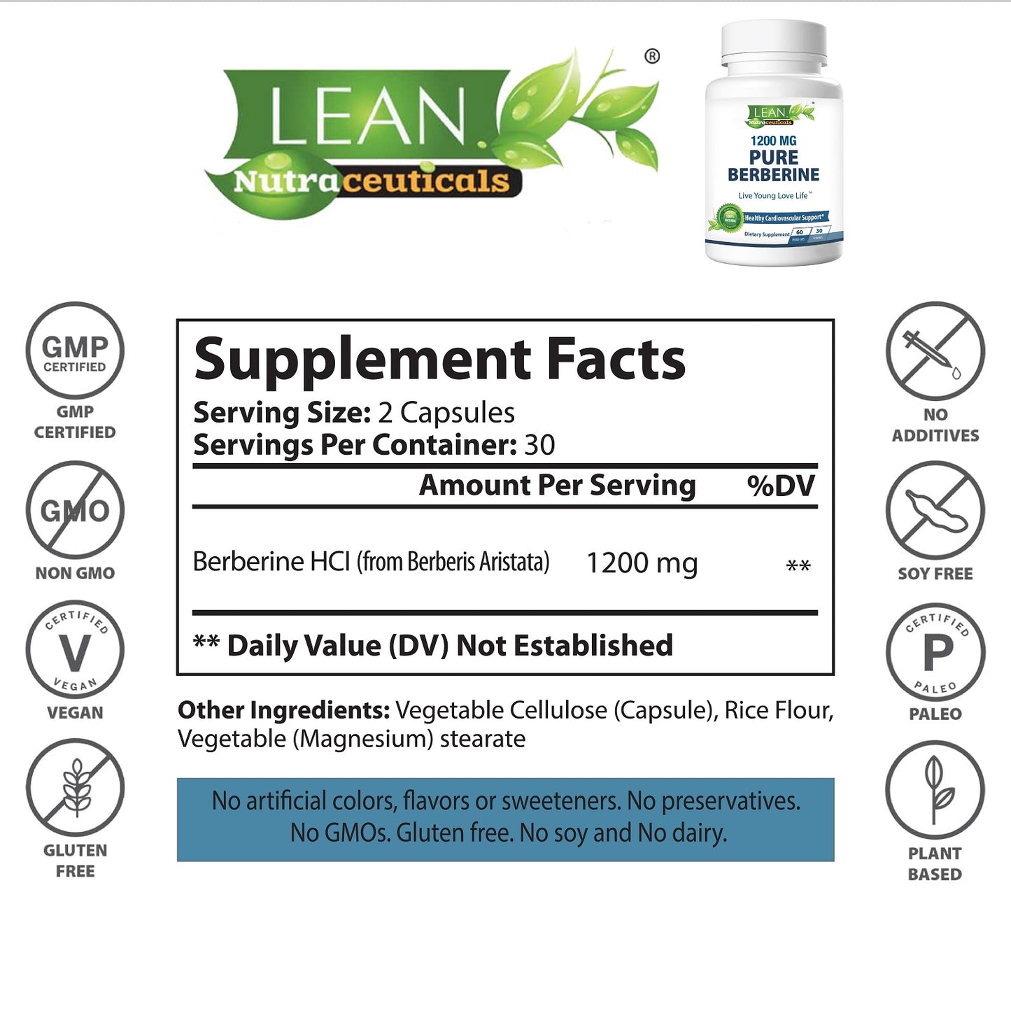 berberince HCL from berberis aristata 1200 mg capsules natural herbal supplement made in USA for heart helth treatment