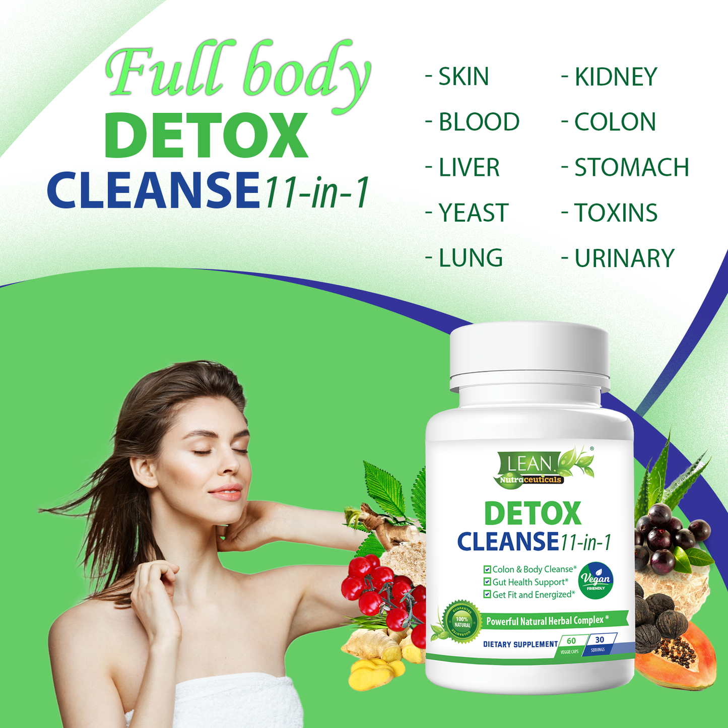 detox cleanse for skin kidney blood colon liver stomach yeast toxins lung urinary with vegan vitamins and supplement 