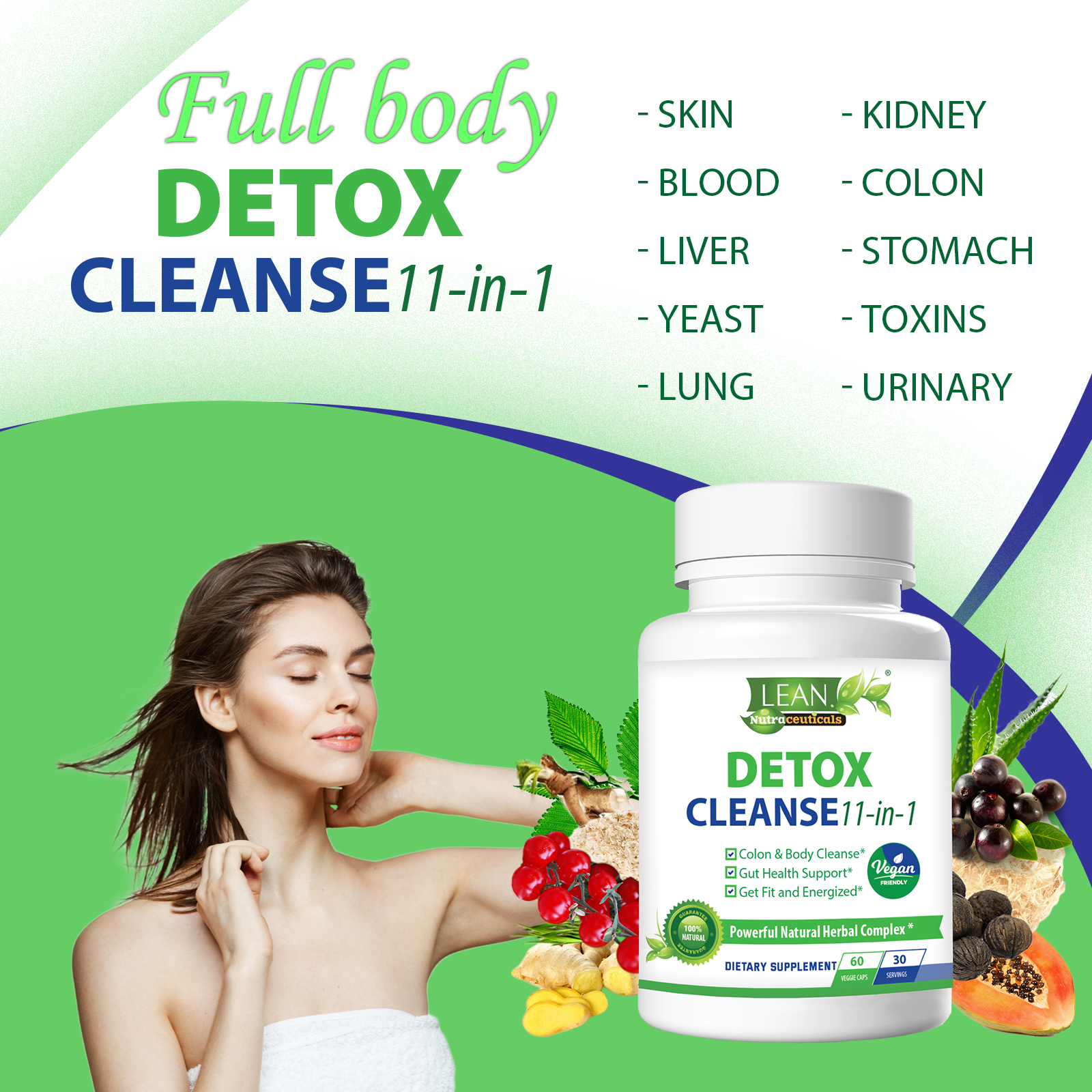 detox cleanse for skin kidney blood colon liver stomach yeast toxins lung urinary with vegan vitamins and supplement 