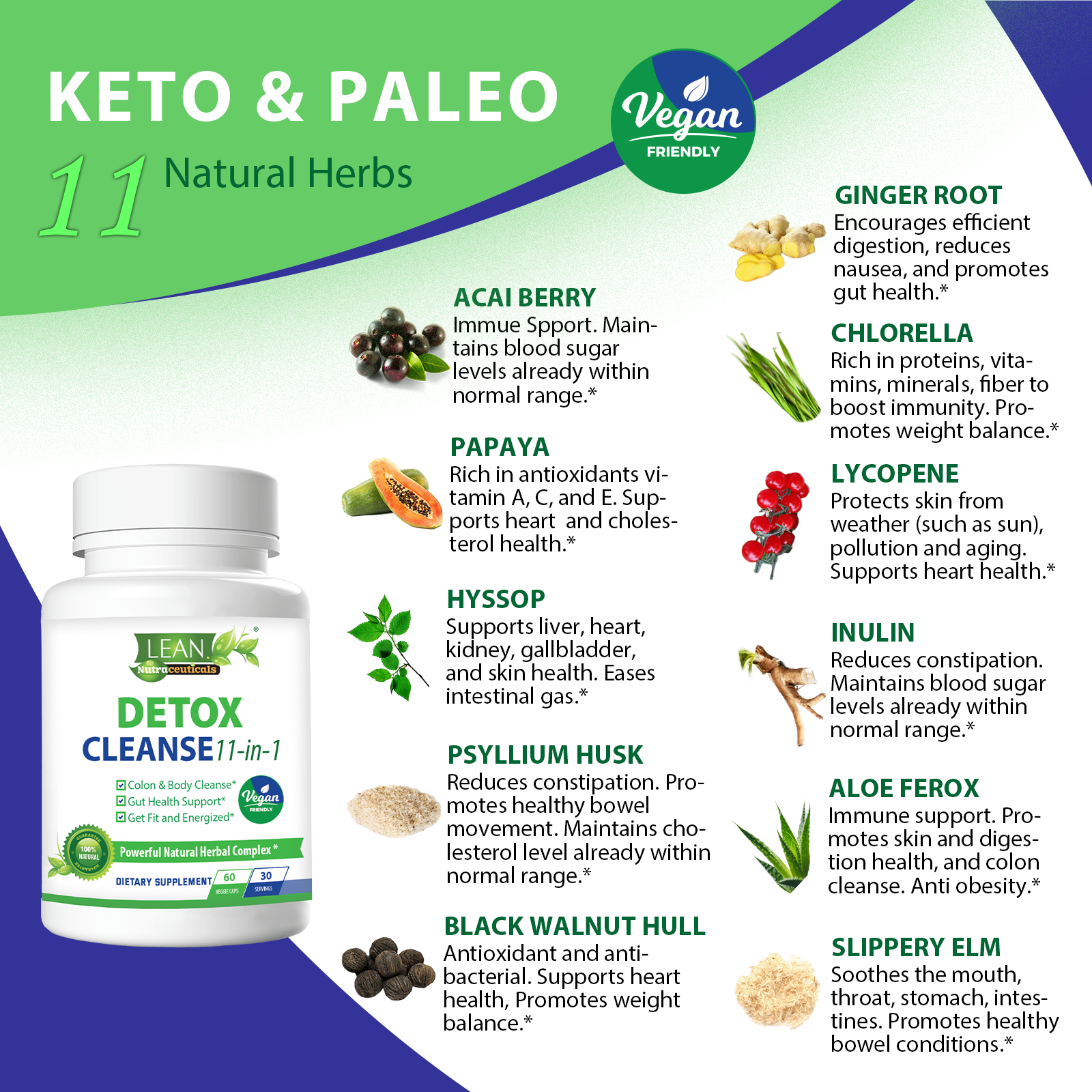 keto paleo natural herbs acai berry ginger root papaya hyssop phyllium husk black walnut hull lycopene chlorella inulin aloe ferox slippery elm