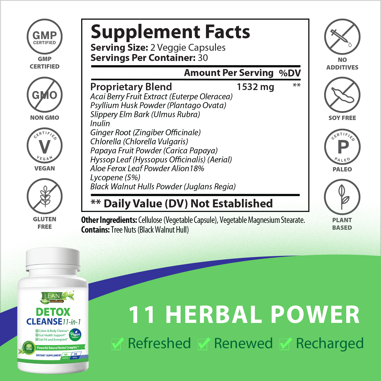 refreshed renewed recharged after detox cleanse with supplement of psyllium husk powder inulin slippery elm bark ginger root chlorella hyssop leaf lycopene black walnut hull acai berry