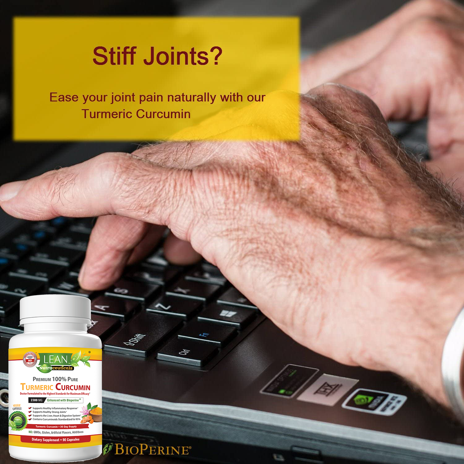 swelling stiff joints arthritis pain relief using natural remedy of turmeric curcumin herbal supplement  daily for women and men