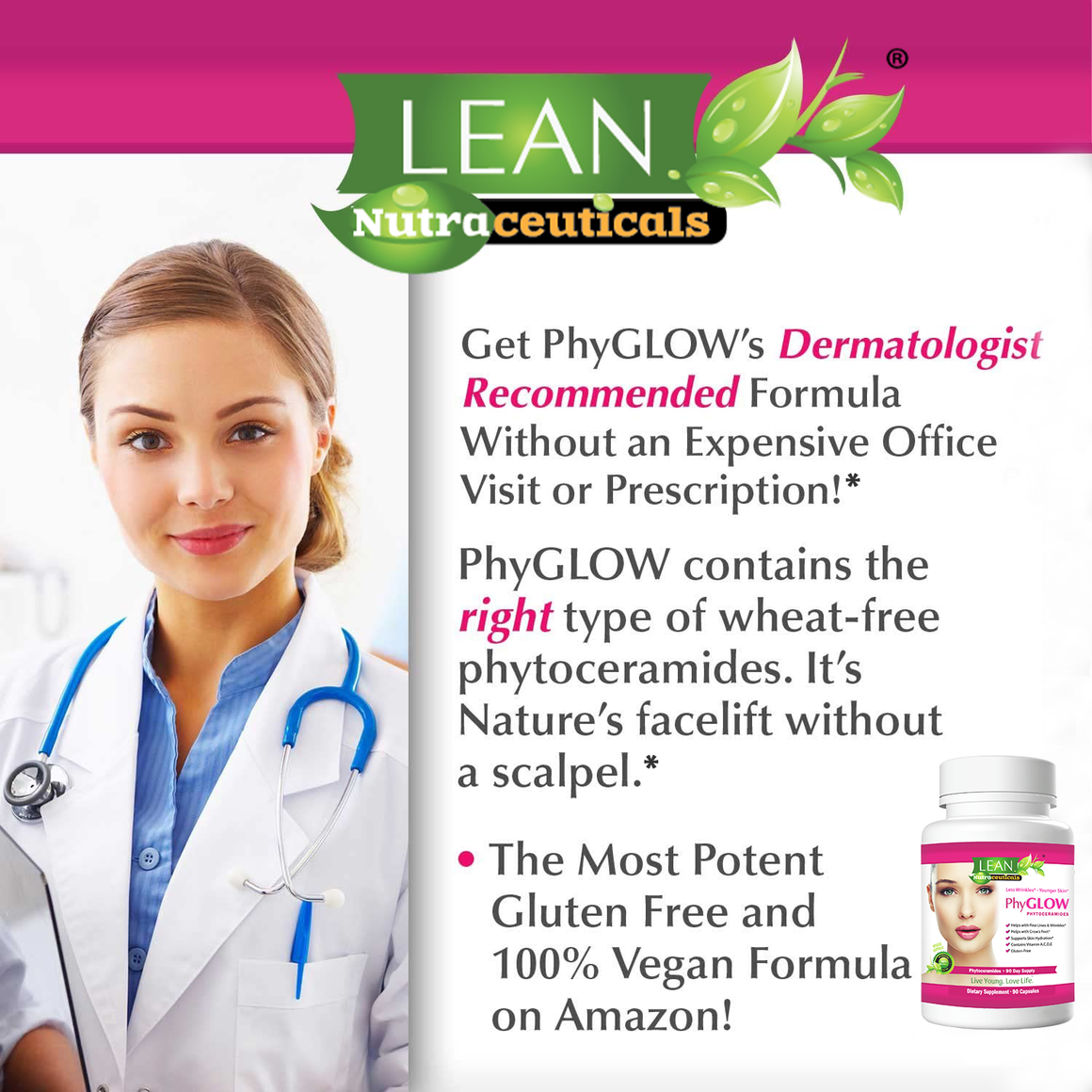 90 Capsules 350mg Phytoceramides Gluten-Free All Natural Plant Derived PhyGLOW Anti-Aging Skin Care