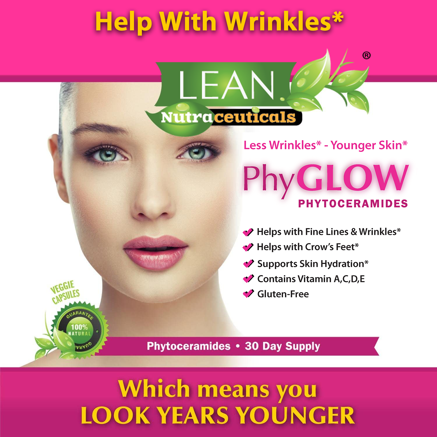 How to Look Younger by Reducing Wrinkles Fine Lines Crow's Feet Naturally Safely with Phytoceramides Ceramide Dietary Supplement for Men and Women