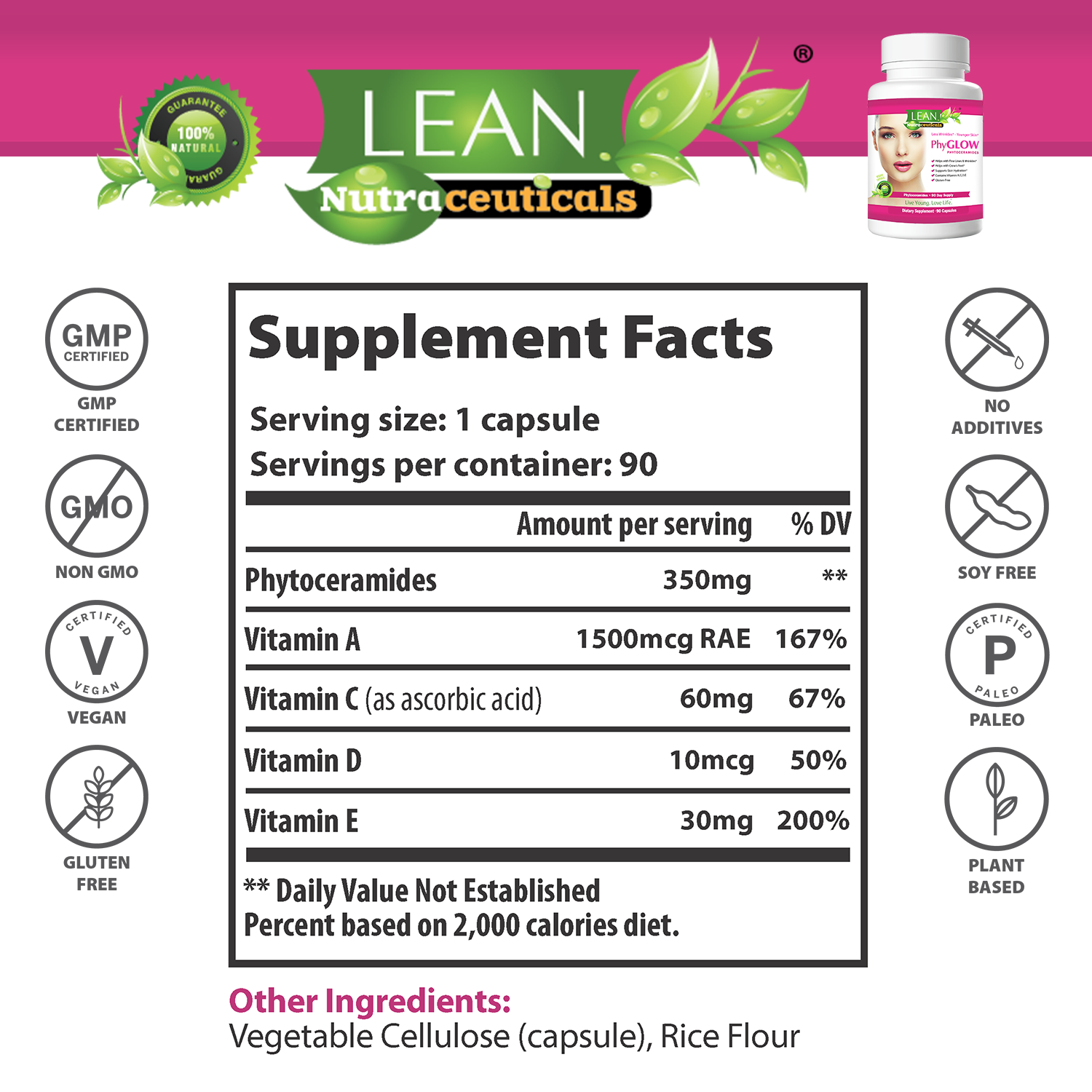 Skin Supplement That Works to Pump Lift Face Remove Wrinkles Hydrate Skin Brighten SKin Tone for Men and Women Made in USA LEAN Nutraceuticals 